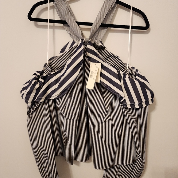 J.Crew Striped Ruffle Tie Neck Cold Shoulder Shirt Sz 10 NWT - Picture 2 of 5